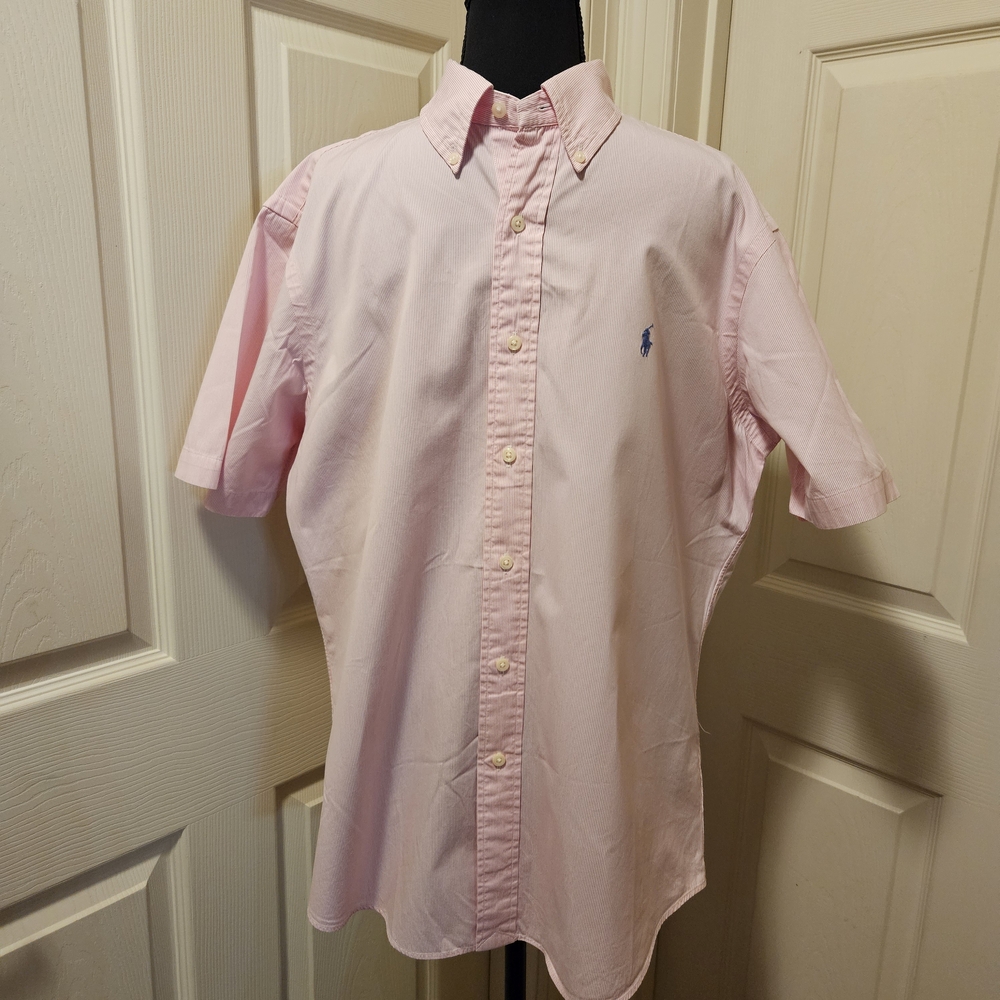 Polo Ralph Lauren Men's Pink & White Pin Stripe Short Sleeve Custom Fit M/L